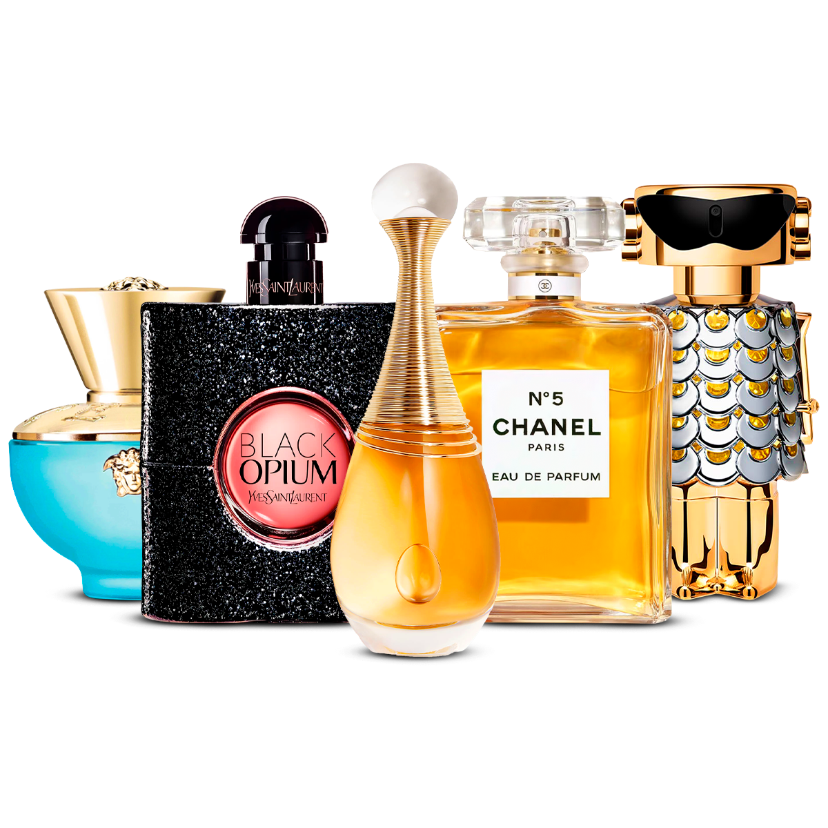 Combination of 5 women's perfumes – Versace Dylan Turquoise, Black Opium, J'adore, Chanel Nº5 and Fame [100 ml]